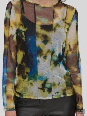 DKNY Sheer Tie-Dye Long Sleeve Mesh Top  with Built-In Cami